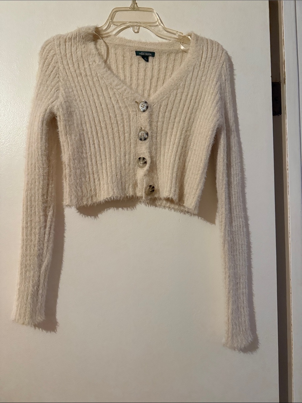 wild fable Cream Fuzzy Ribbed V-Neck Button Crop Sweater